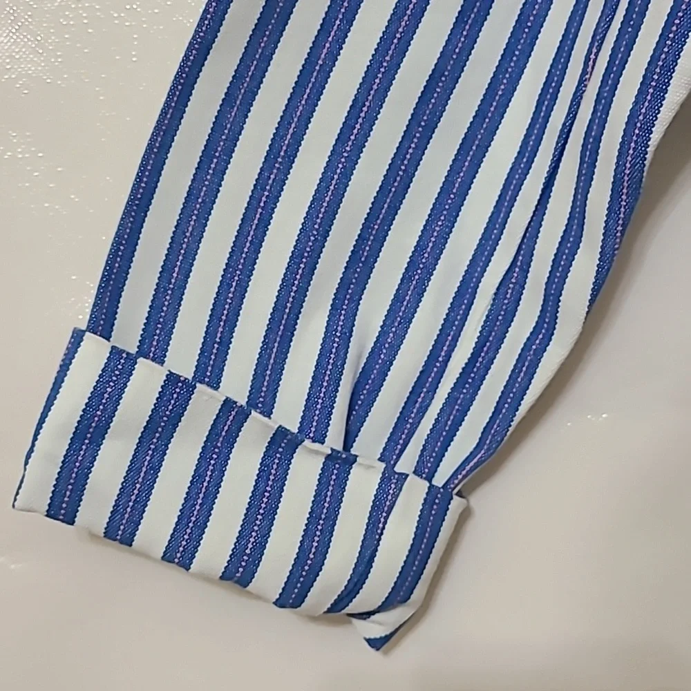 Bill‎ Blass Navy and White Striped 100% Cotton Blazer Jacket - Size Large